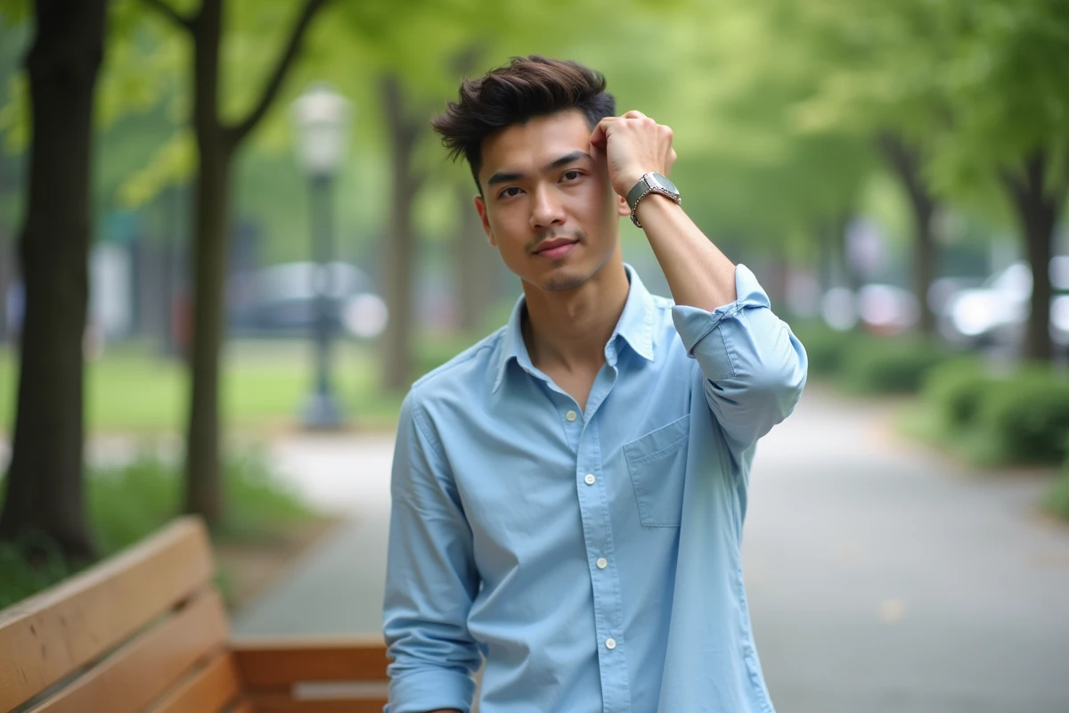 Jeune homme dans un parc urbain en tenue casual