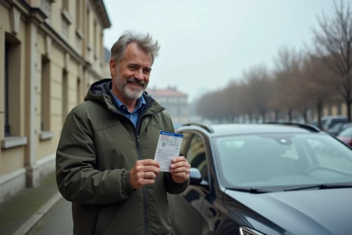 Homem segurando sua carteira de motorista recuperada em frente à prefeitura após ter atendido ao limite de CDT