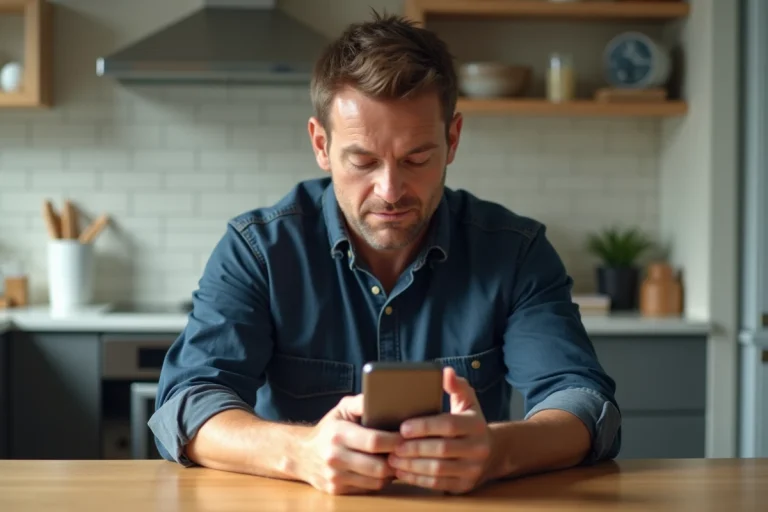 Homme d'âge moyen tenant son smartphone dans une cuisine moderne