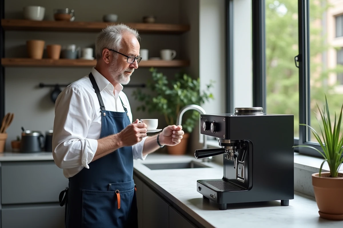 Homme dégustant un café dans une cuisine moderne