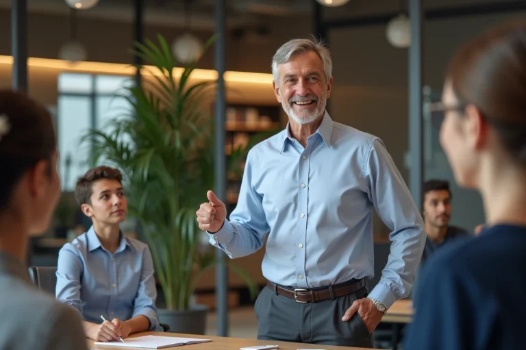 Homme senior souriant en réunion avec collègues jeunes