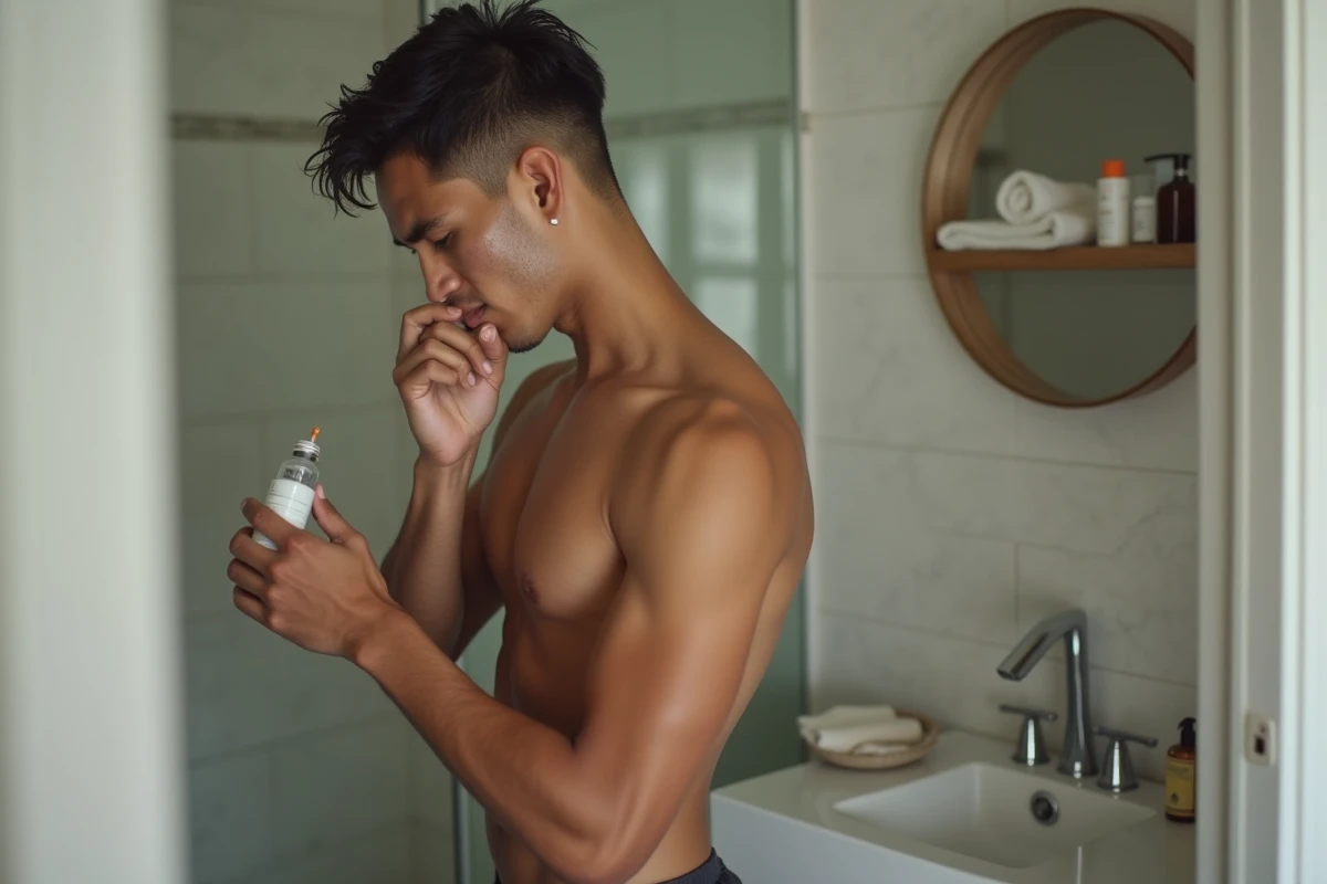 Jeune homme massant un serum dans sa salle de bain