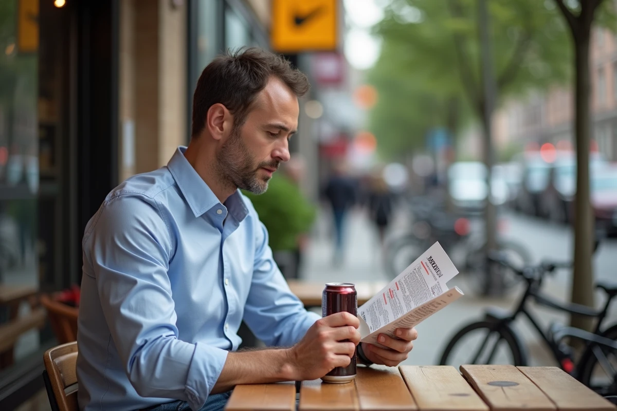 Homme buvant une cola sans sucre dans un café en ville