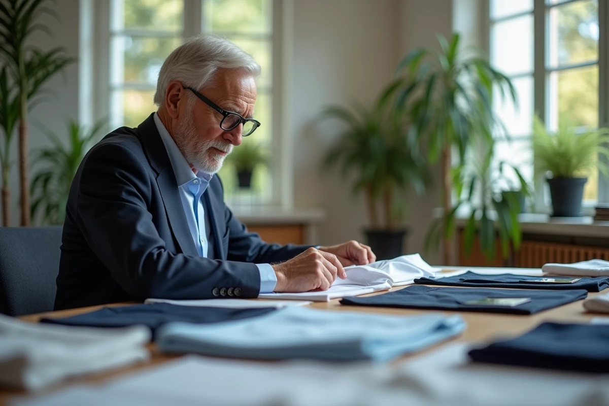 Homme inspectant un polo brodé dans un bureau lumineux
