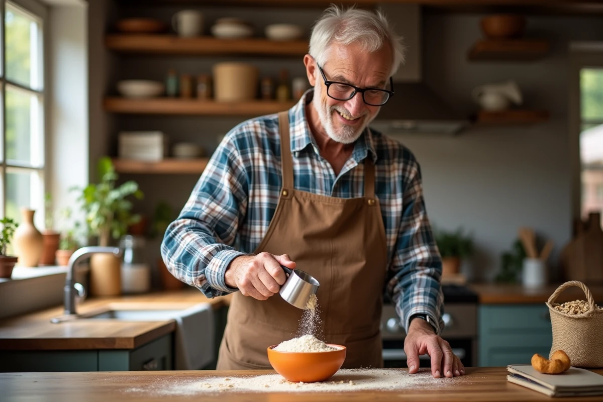 Homme âgé verse farine d
