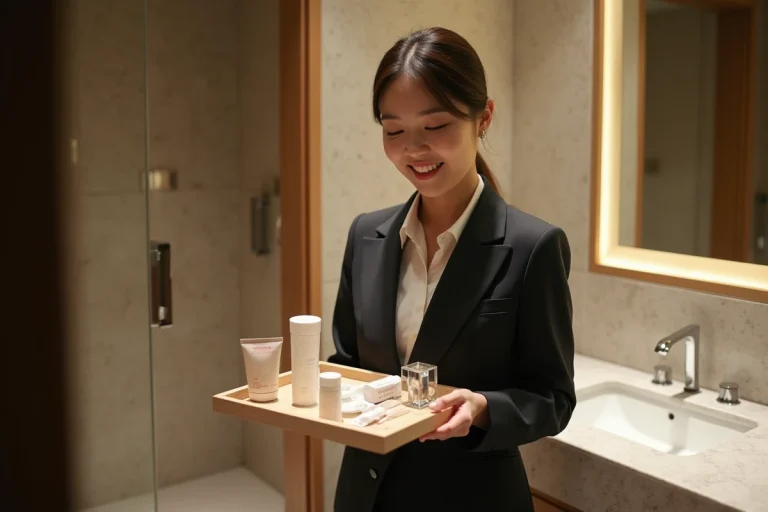 Femme japonaise en costume d'affaires dans salle de bain moderne