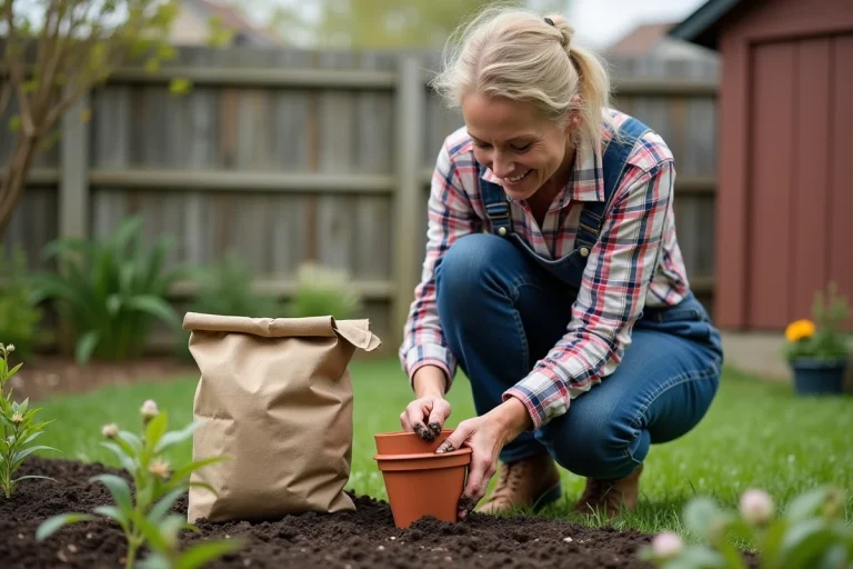 Femme en jardinage dans un jardin suburbain