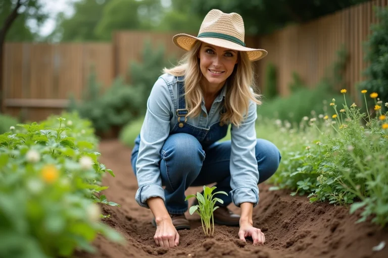 Femme en salopette plantant des jeunes légumes dans un jardin