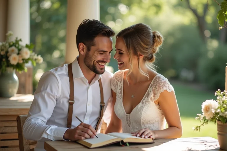 Jeune couple marié souriant sur la veranda en pleine préparation