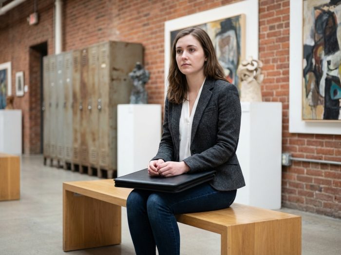 Jeune femme nerveuse en salle d'art moderne
