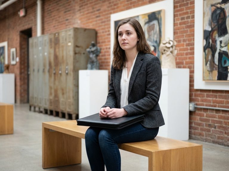 Jeune femme nerveuse en salle d'art moderne