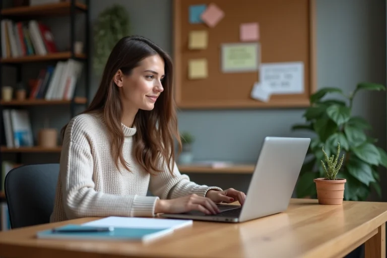 Jeune femme concentrée travaillant sur son ordinateur dans un bureau cosy