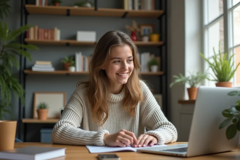 Jeune femme concentrée devant son ordinateur dans un bureau lumineux