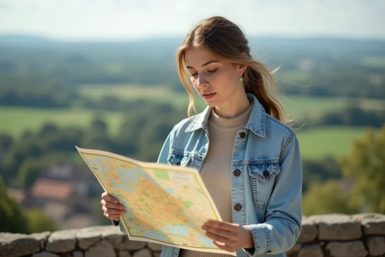 Jeune femme avec carte de France en main sur terrasse