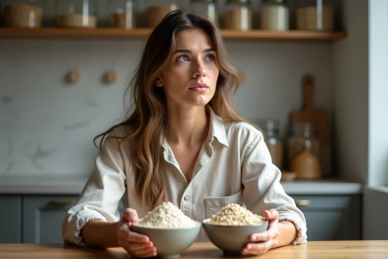 Jeune femme compare farine d'avoine et flocons d'avoine