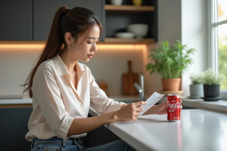 Jeune femme regardant une canette de soda sans sucre