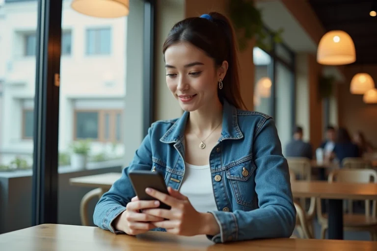 Jeune femme en denim lisant une news sur son smartphone