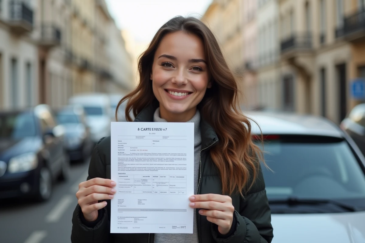 Jeune femme avec certificat de carte grise devant une voiture
