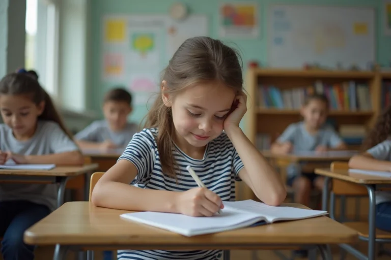 Jeune fille française concentrée à écrire en classe