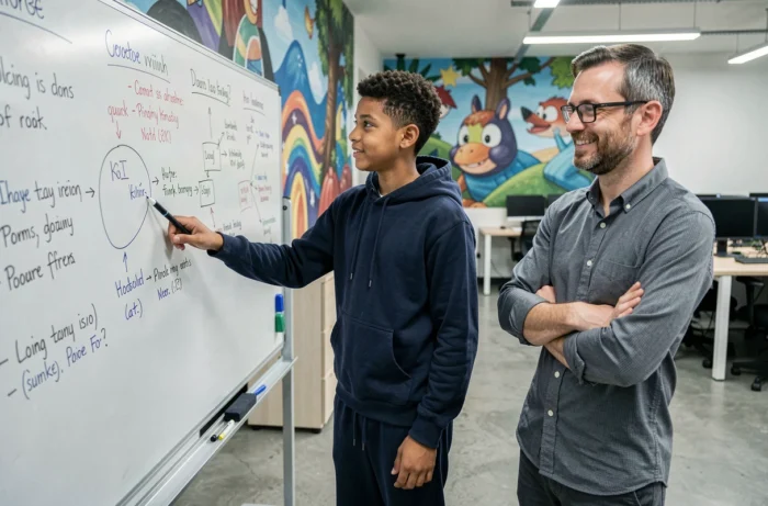 Adolescent présentant ses idées au tableau devant son coach dans un centre jeunesse moderne, illustrant le développement du potentiel et la confiance en soi