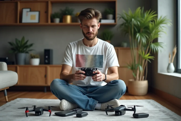 Jeune homme assemble un drone dans un salon moderne