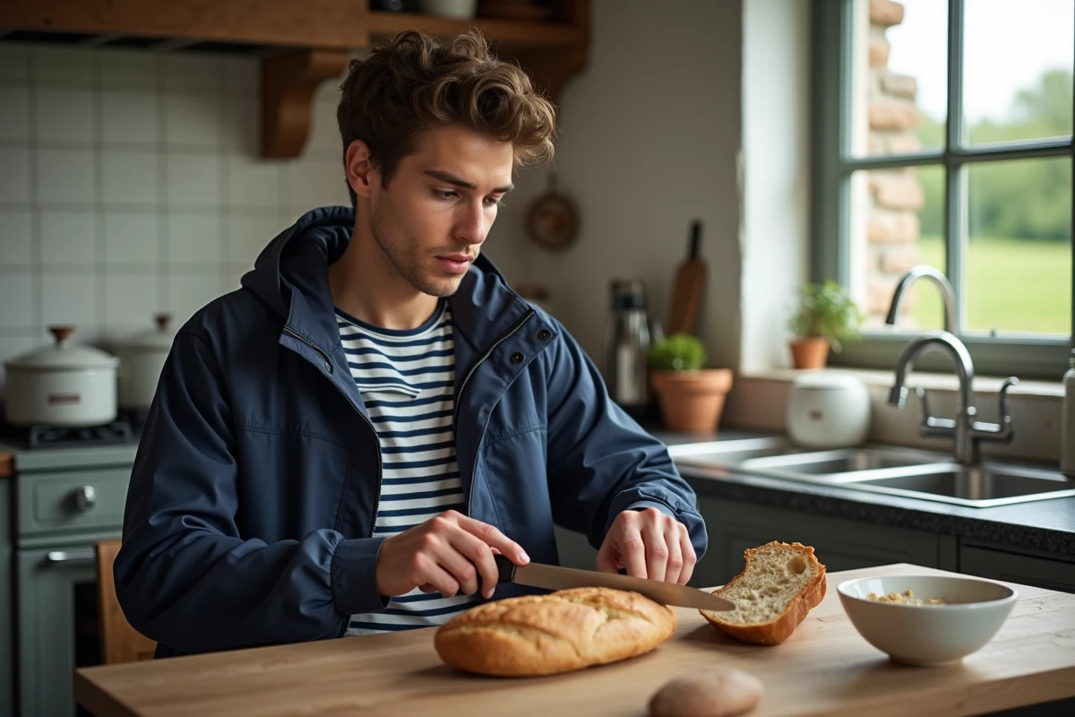 Jeune homme breton coupant du pain dans la cuisine lumineuse