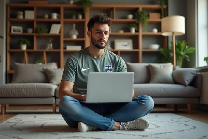 Jeune homme en jersey regarde un match de football sur son laptop