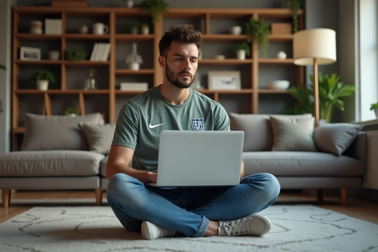 Jeune homme en jersey regarde un match de football sur son laptop