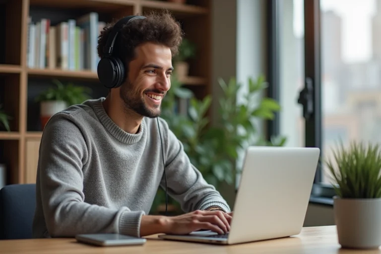 Jeune homme souriant avec casque et ordinateur portable