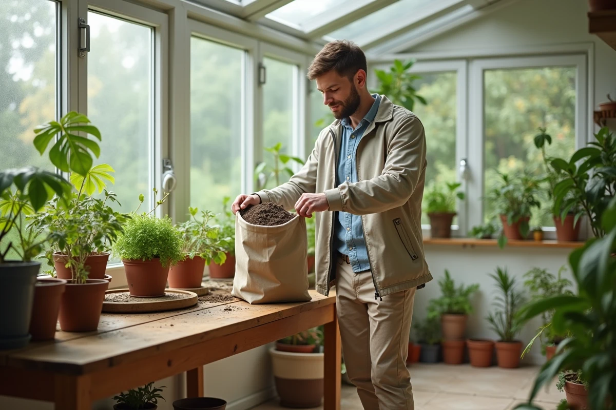 Jeune homme plantant dans une serre lumineuse