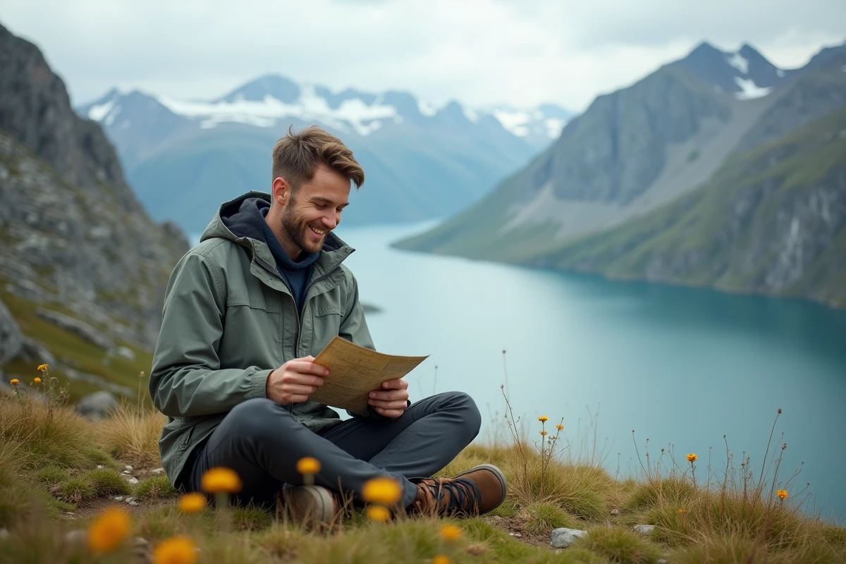 Jeune homme avec carte sur une colline alpine en pleine nature