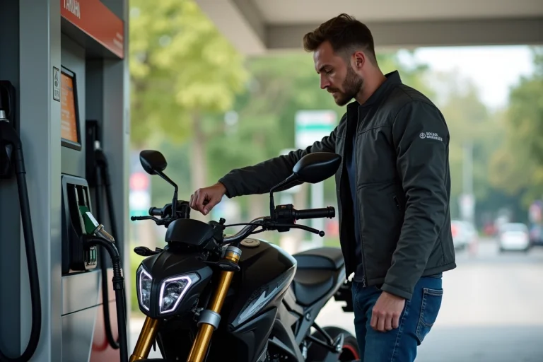 Jeune homme en moto refuelant une Yamaha MT07 à la station