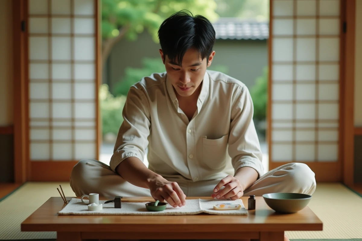 Jeune japonais arrangeant produits de toilette dans ryokan