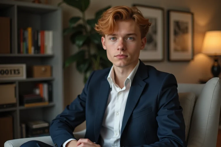 Jeune homme en costume navy en introspection