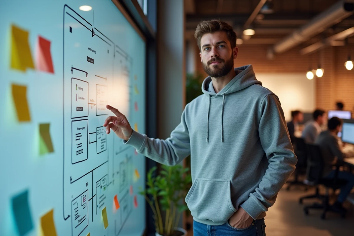 Jeune homme devant un tableau blanc dans un espace de coworking