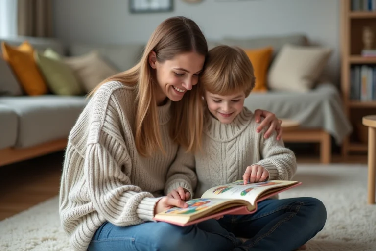 Maman et son enfant lisant un livre coloré ensemble