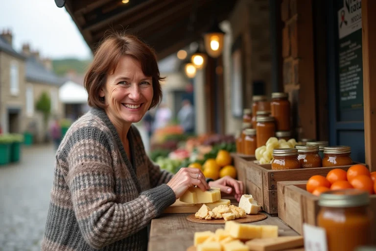 Femme bretonne fiere derrière un stand de marché artisanal