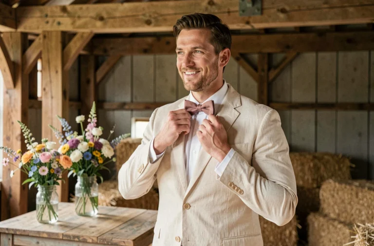 Marié en costume de lin crème et nœud papillon rose poudré dans une grange rustique décorée pour un mariage champêtre