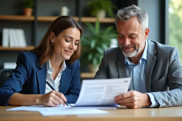 Notaire et cliente examinent un document de carte grise