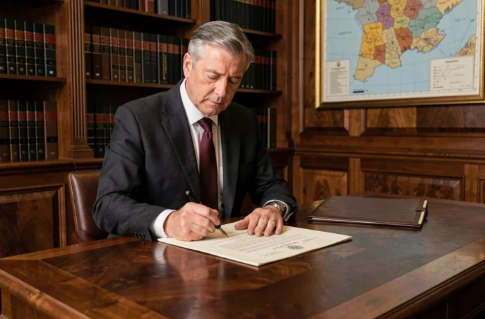 Notaire signant un acte de vente immobilier dans un bureau traditionnel français