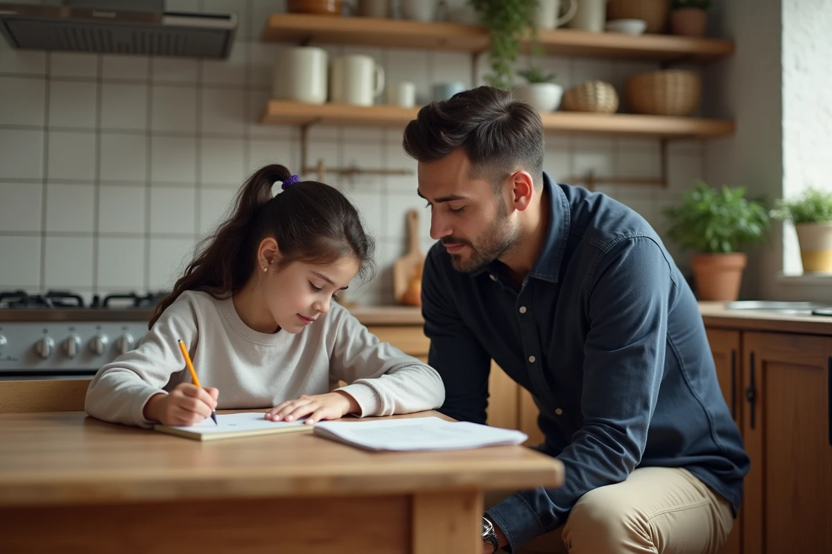 Papa aidant sa fille à faire ses devoirs à la table de cuisine