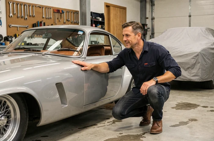 Passionné d'automobile inspectant une voiture de sport vintage dans un garage moderne et organisé
