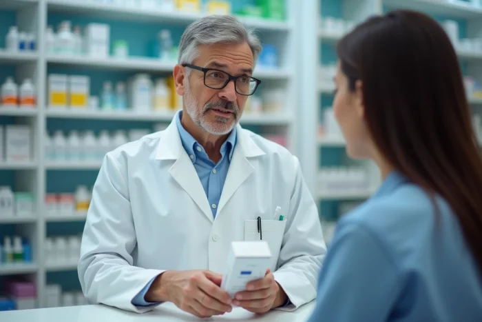 Pharmacien conseillant un client sur un complément hépatique dans une pharmacie française