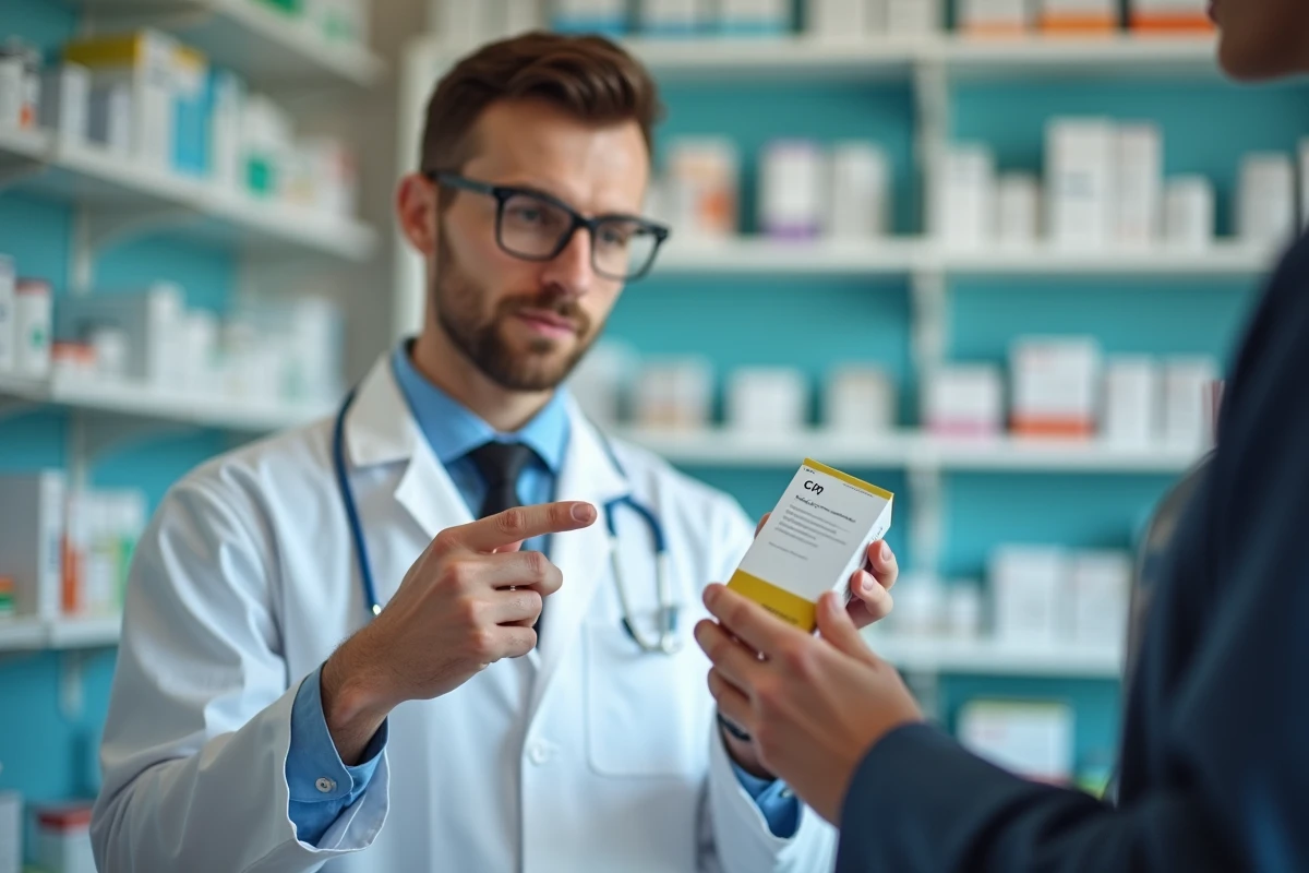 Pharmacien expliquant le code CIP à un client