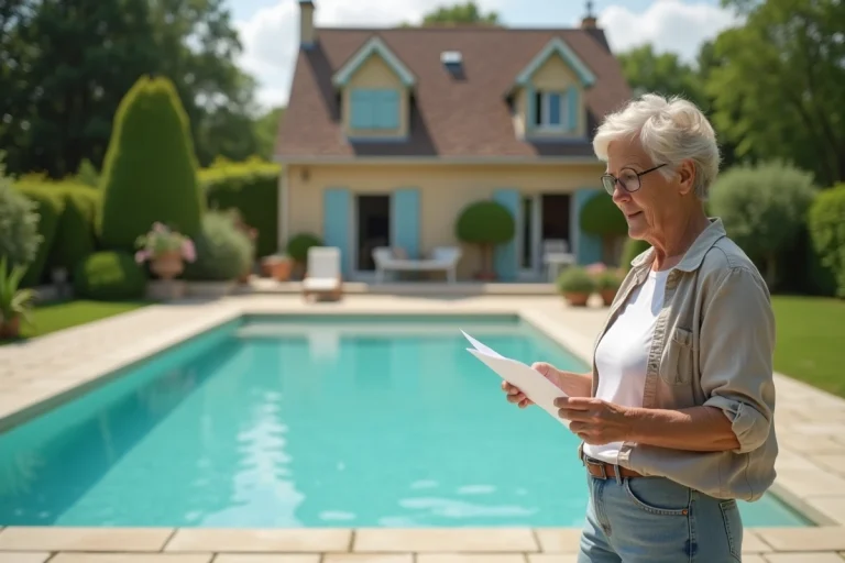 Femme examinant un document fiscal près d'une piscine enterrée dans un jardin de maison individuelle