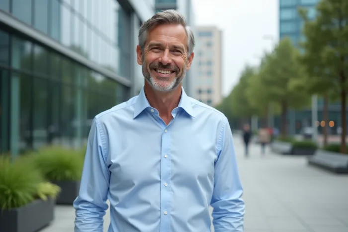 Portrait en extérieur d'un coach professionnel et entrepreneur souriant dans un quartier d'affaires moderne, incarnant confiance et leadership