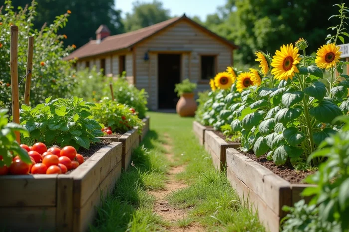 Potager fleuri avec jardinières en bois surélevées, tournesols, tomates et allée herbeuse dans un jardin naturel
