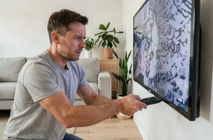 Homme diagnostiquant un problème d'image sur un téléviseur Samsung dans un salon moderne