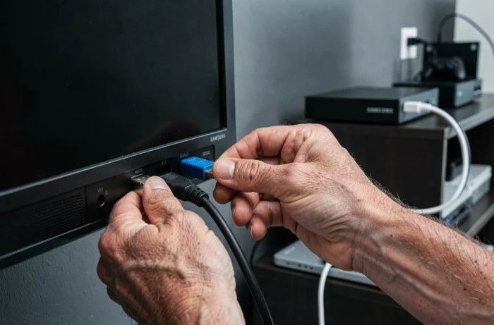 Gros plan sur des mains reconnectant un câble HDMI à l'arrière d'un téléviseur Samsung
