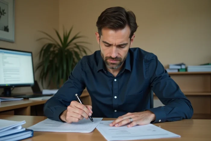 Homme consultant des documents officiels pour récupérer son permis de conduire dans un bureau administratif